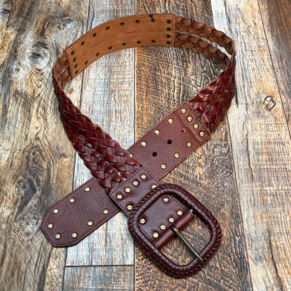 Fossil Womens Braided Brown Leather Belt Small Studs Wide Buckle